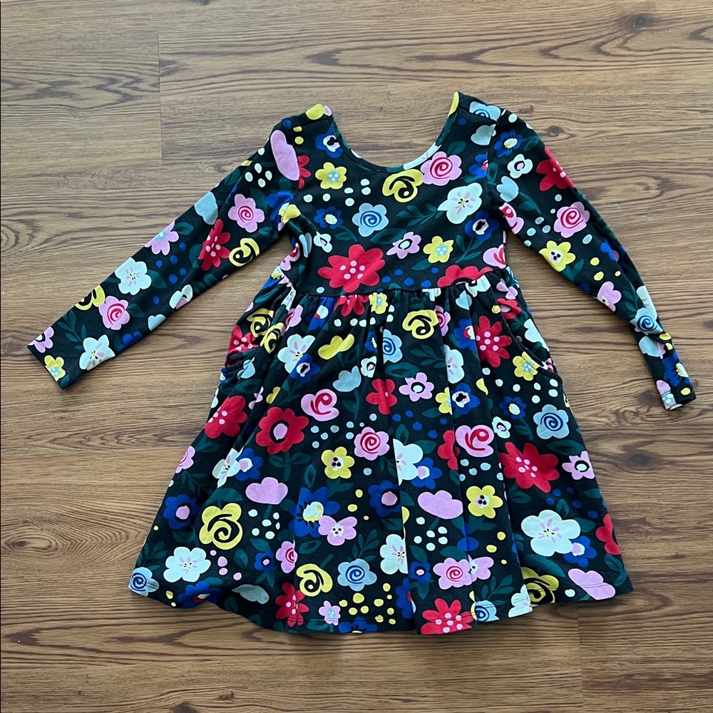 Hanna Andersson Black Floral Multicolor Long-Sleeve Dress